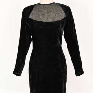 Vintage 80s Black Crushed Velvet CONTEMPO CASUALS Semi Sheer Long Sleeve Dress